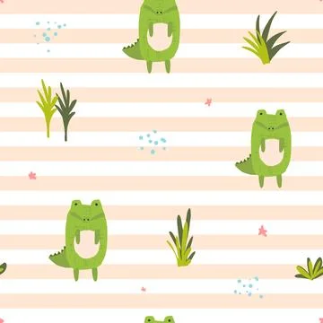 Cute cartoon orange striped pattern with crocodile Stock Illustration