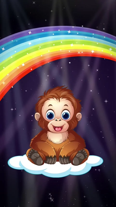 Cute Cartoon Orangutan Floating on Cloud with Rainbow and Glitter Background Stock Footage 343830869