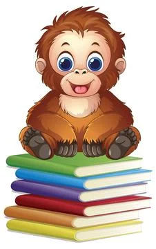 Cute Cartoon Orangutan Sitting on a Stack of Colorful Books Stock Illustration