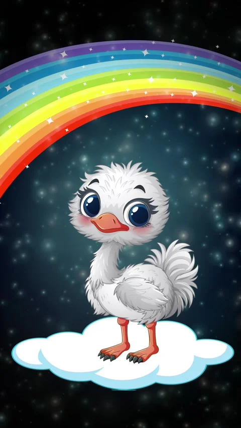 Cute Cartoon Ostrich Chick Floating on Cloud with Rainbow Background Stock Footage 342101997