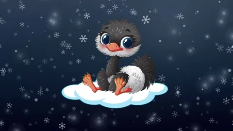 Cute Cartoon Ostrich Chick Floating on Cloud in Falling Snow Stock Footage 344518628