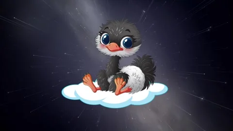 Cute Cartoon Ostrich Chick Floating on Cloud Through Starry Space Stock Footage 345314304