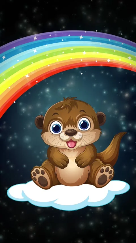 Cute Cartoon Otter Floating on Cloud Under Rainbow in Space Stock Footage 341378261