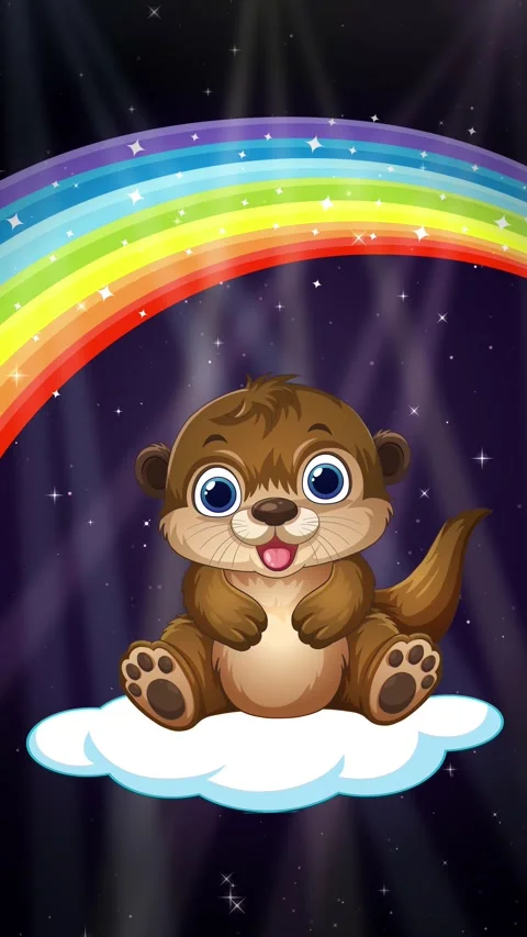 Cute Cartoon Otter Floating on Cloud Under Rainbow in Night Sky Stock Footage 341537356