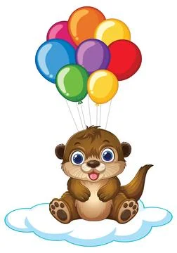 Cute Cartoon Otter Floating on Cloud with Colorful Balloons Illustration Stock Illustration