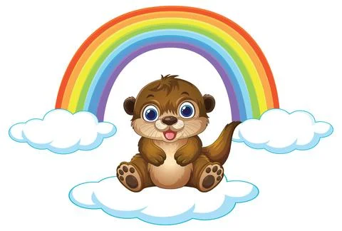 Cute Cartoon Otter Sitting on Cloud with Colorful Rainbow Background イラスト素材