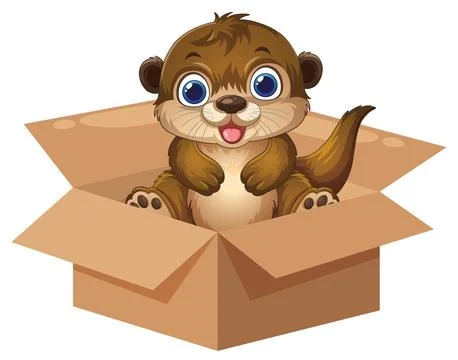 Cute Cartoon Otter Sitting Inside an Open Cardboard Box Stock Illustration