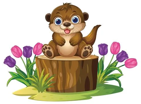 Cute Cartoon Otter Sitting on Tree Stump with Spring Flowers Stock Illustration