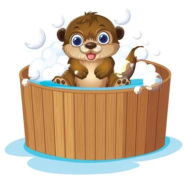 Cute Cartoon Otter Taking a Bubble Bath in a Wooden Tub Stock Illustration