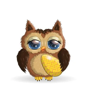 Cute cartoon owl with Easter eggs, on a white background Stock Illustration