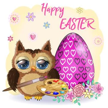 Cute cartoon owl with Easter eggs, basket, greeting card with text. Stock Illustration