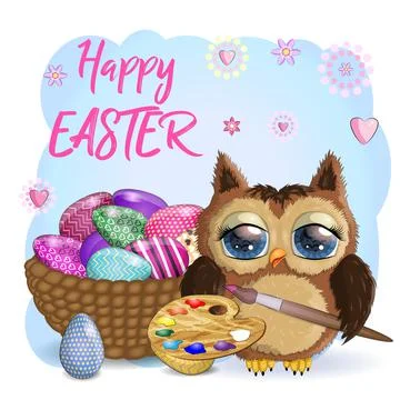 Cute cartoon owl with Easter eggs, basket, greeting card with text. Stock Illustration