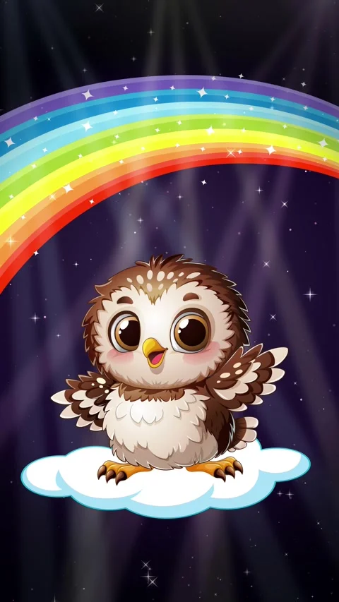 Cute Cartoon Owl Floating on Cloud Under Rainbow with Glittering Lights Stock Footage 340381743