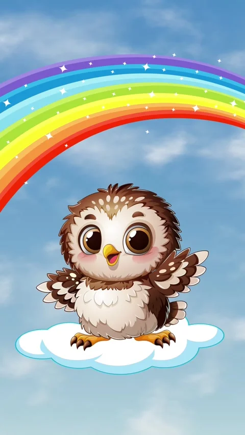 Cute Cartoon Owl Floating on Cloud Under Vibrant Rainbow in Sky Stock Footage 340382018
