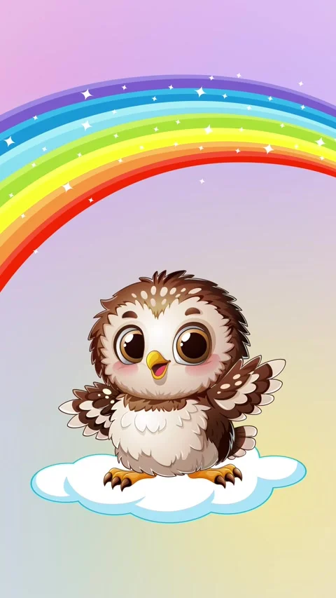 Cute Cartoon Owl Floating on Cloud Under Vibrant Rainbow Animation Stock Footage 342721944