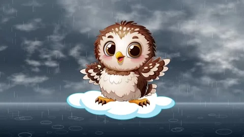 Cute Cartoon Owl Floating on Cloud Over Rainy Ocean Background Stock Footage 344931230