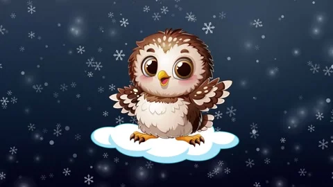 Cute Cartoon Owl Floating on Cloud Over Falling Snow Stock Footage 346270548