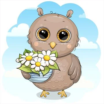Cute cartoon Owl with flower pot. Stock Illustration