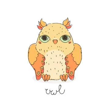 Cute cartoon owl. Lovely owlet in doodle style. Stock Illustration