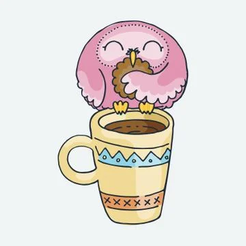 Cute cartoon owl on a mug. Vector clip art illustration for children design,  Stock Illustration