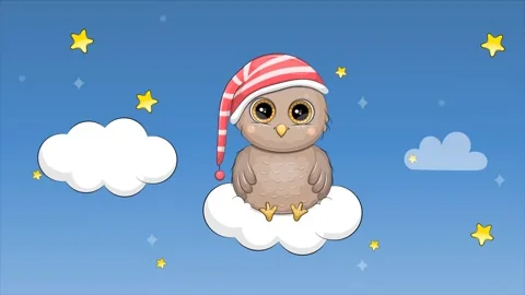 Cute cartoon owl in a nightcap on a cloud - loop. Stock Footage 316741411