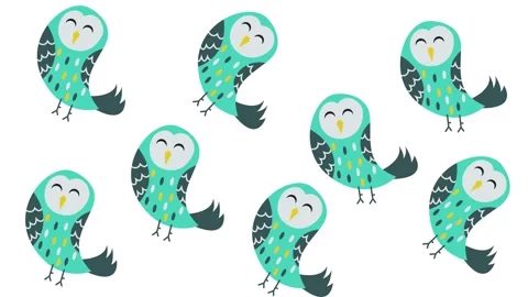 Cute Cartoon Owl Pattern with Adorable Flying Birds on Plain White Background Video stock 345539204
