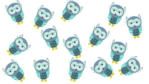 Cute Cartoon Owl Pattern with Colorful Blue Birds on White Background 스톡 동영상 345539203