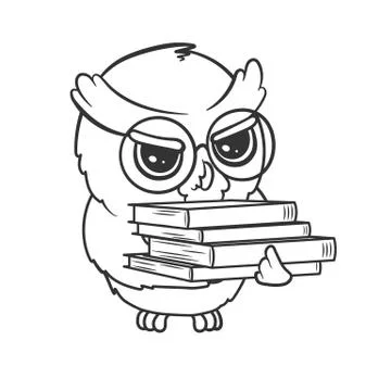 Cute cartoon owl with stack of books isolated on white background Stock Illustration