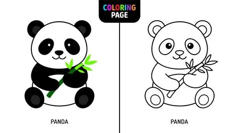 Cute cartoon panda bear holding bamboo. Side-by-side comparison of a colored Stock Illustration