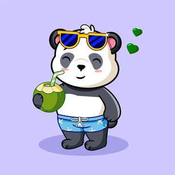 Cute Cartoon Panda Character Drinking Coconut Stock Illustration