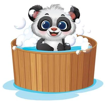 Cute Cartoon Panda Cub Taking a Bubble Bath in Wooden Tub Illustrazione stock