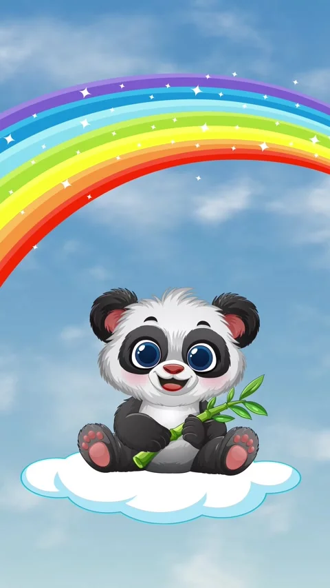 Cute Cartoon Panda Floating on Cloud Under Rainbow in Blue Sky Stock Footage 341540865