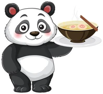 Cute Cartoon Panda Holding a Steaming Bowl of Ramen Noodle Soup Stock Illustration