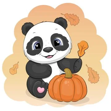 A cute cartoon Panda with pumpkin. Stock Illustration