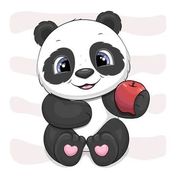 Cute cartoon panda with red apple. Иллюстрация
