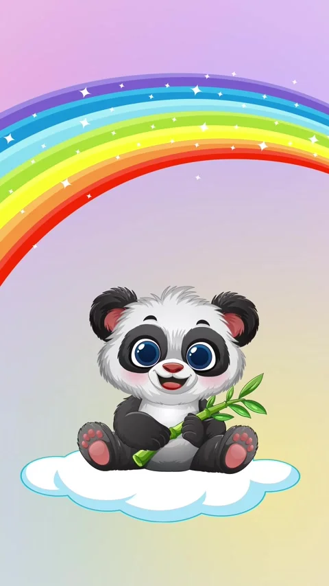 Cute Cartoon Panda Sitting on Cloud Under a Vibrant Rainbow Stock Footage 344833269