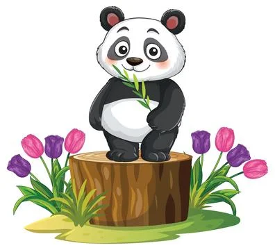 Cute Cartoon Panda Standing on Tree Stump with Bamboo and Flowers Stock Illustration