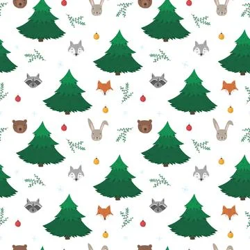 Cute cartoon pattern with animals and trees Stock Illustration