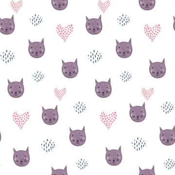 Cute cartoon pattern with cat heads and hearts Stock Illustration