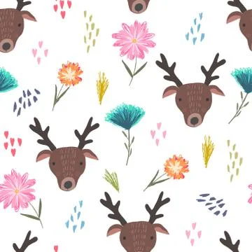 Cute cartoon pattern with deers, dots and flowers Illustrazione stock