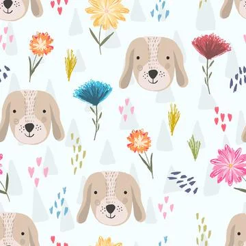Cute cartoon pattern with dog heads and flowers Stock Illustration