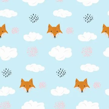 Cute cartoon pattern with fox and dots in clouds Stock Illustration