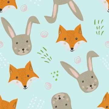 Cute cartoon pattern with fox, hare and grass Illustrazione stock