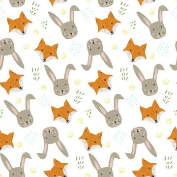 Cute cartoon pattern with fox, hare and grass Stock Illustration