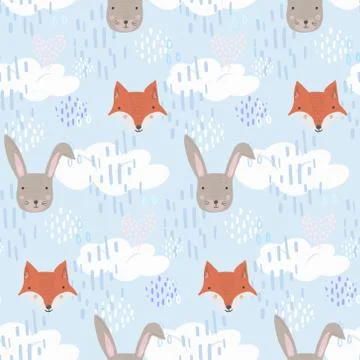Cute cartoon pattern with fox, hare and clouds Stock Illustration