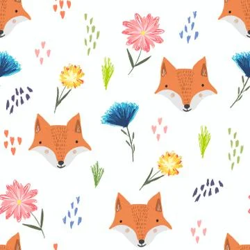 Cute cartoon pattern with foxes, dots and flowers Stock Illustration