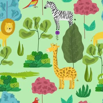 Cute cartoon pattern with jungle animals in forest Stock Illustration