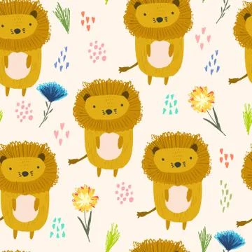Cute cartoon pattern with lions, dots and flowers Stock Illustration