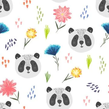 Cute cartoon pattern with panda, dots and flowers Stock Illustration
