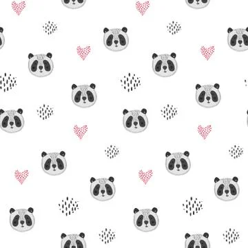 Cute cartoon pattern with panda heads and hearts Stock Illustration